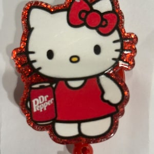 Beaded Hello Kitty Dr Pepper Inspired Badge Reel | Cute Nurse Badge Holder | Retractable ID Badge Reel | CNA Gift | Healthcare Worker Access
