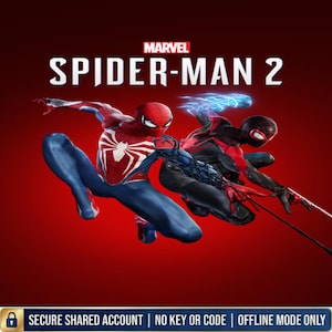 May include: A promotional graphic for Marvel Spider-Man 2 featuring two figures in red, blue, and black suits against a dark red background. The text reads Marvel Spider-Man 2, with a bottom banner stating Secure Shared Account, No Key Or Code, Offline Mode Only.