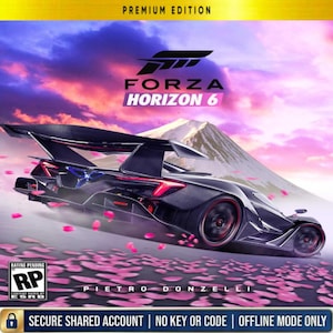 Puede incluir: Portada del videojuego "Forza Horizon 6", con un coche deportivo negro con detalles rojos, sobre un fondo de montaña y pétalos de flores de cerezo rosas. El logotipo del juego es visible, con "Premium Edition" en la parte superior. El juego está clasificado RP.
