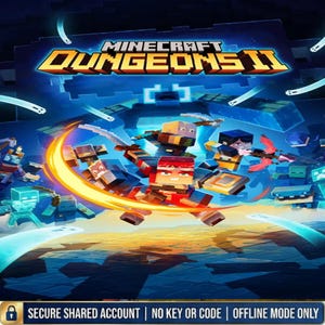 Può includere: Una copertina di gioco digitale per Minecraft Dungeons II con personaggi a blocchi in combattimento con spade e archi su uno sfondo blu scuro. Un arco di luce arancione brillante attraversa il centro. Il testo in basso recita SECURE SHARED ACCOUNT.