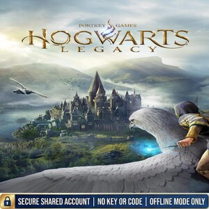 Peut inclure: Illustration de couverture du jeu vidéo Hogwarts Legacy montrant un grand château, une personne chevauchant un hippogriffe blanc et un oiseau en vol. Le texte indique Portkey Games Hogwarts Legacy. Une bannière bleue en bas affiche SECURE SHARED ACCOUNT NO KEY OR CODE OFFLINE MODE ONLY.