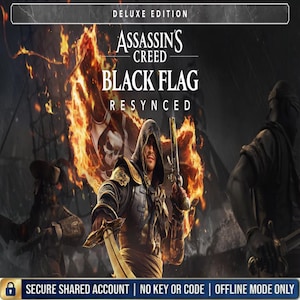 Può includere: Una copertina di gioco digitale per Assassin's Creed Black Flag Resynced Deluxe Edition con un personaggio incappucciato che impugna una spada e una pistola davanti a una bandiera pirata in fiamme con un teschio, incluso testo sull'accesso.