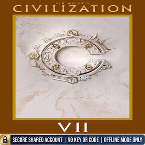 Puede incluir: Un gráfico promocional de Sid Meier's Civilization VII que presenta una letra C grande, ornamentada y de tono plateado, con forma de horizonte urbano circular. El diseño incluye detalles arquitectónicos intrincados, pequeños iconos hexagonales y el texto VII.