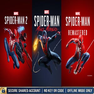 以下が含まれることがあります： Marvel Spider-Manのビデオゲームタイトル3つを表示したデジタルグラフィック。左のパネルはSpider-Man 2、中央はMiles Morales、右はRemastered。各パネルには、赤や暗い背景を背にアクションポーズをとるキャラクターが描かれています。