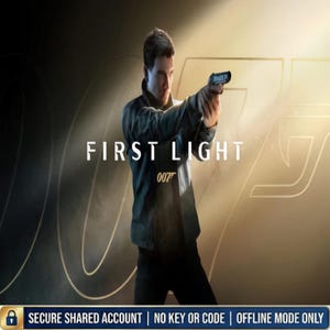 May include: A promotional image for "First Light" featuring a man aiming a handgun. The text "FIRST LIGHT" and "007" are displayed prominently. The background is a gradient of gold and dark tones.