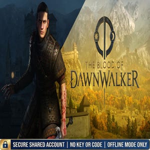 Könnte beinhalten: Ein digitales Poster für The Blood of Dawnwalker mit einer dunkelhaarigen Figur in Schuppenpanzerung mit roten Markierungen am Arm, vor einer Berg- und Schlosslandschaft, inklusive Titeltext und Hinweis auf ein geteiltes Konto.