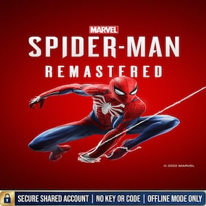 Può includere: Una grafica digitale che mostra Spider-Man in un costume rosso e blu con un emblema di ragno bianco, accovacciato su uno sfondo rosso. Il testo recita MARVEL SPIDER-MAN REMASTERED, 2022 MARVEL, SECURE SHARED ACCOUNT | NO KEY OR CODE | OFFLINE MODE ONLY.