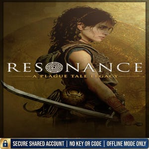 May include: A digital poster featuring a person with dark curly hair holding a curved sword. The text reads RESONANCE A PLAGUE TALE LEGACY. The background is a dark golden brown with a circular maze pattern. A blue bar at the bottom contains the text SECURE SHARED ACCOUNT | NO KEY OR CODE | OFFLINE MODE ONLY.