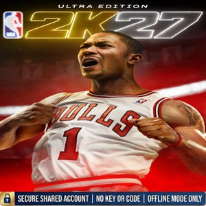 Può includere: Una copertina di videogioco con un giocatore di basket in una maglia bianca dei Chicago Bulls con il numero 1, su sfondo rosso. Il testo recita ULTRA EDITION 2K27, logo NBA e SECURE SHARED ACCOUNT NO KEY OR CODE OFFLINE MODE ONLY.