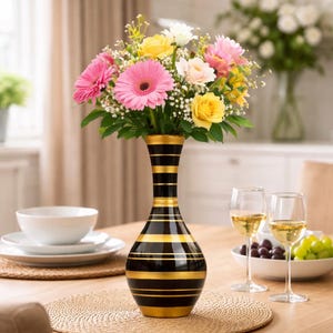Schwarz & Gold gestreifter Blumentopf aus Holz - Moderne Tischdekoration