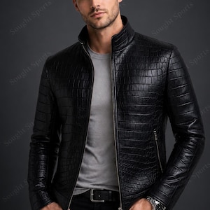Giacca da uomo in pelle con stampa coccodrillo,