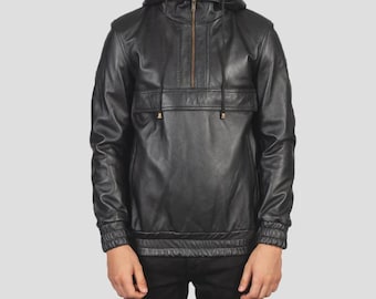 Men's Black & Brown Leather Hooded Pullover Jacket | Genuine Leather Anorak Hoodie | Casual Streetwear coat