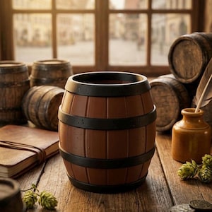 Handmade Medieval Barrel Desk Organizer | D&D Dice Cup | 3D Printed Rustic Pen Holder | Dungeon Master Gift | Tavern Tabletop Decor
