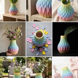 May include: A selection of rainbow-coloured vases with a textured, wave-like pattern. The vases are displayed with different flowers and foliage, demonstrating a gradient of colours. These vases are a decorative item.