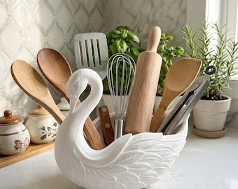 Elegante soporte para utensilios de cocina con forma de cisne / Maceta con forma de cisne blanco impresa en 3D / Decoración de cocina estilo cottagecore / Gran organizador de herramientas estético / Boda única