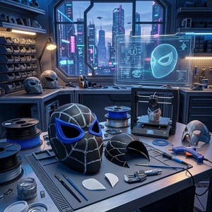 Máscara de Spider-Man impresa en 3D para cosplay - Casco facial de superhéroe con telaraña negra y azul - Máscara personalizada inspirada en Miles Morales - Kit de cosplay DIY imagen 5