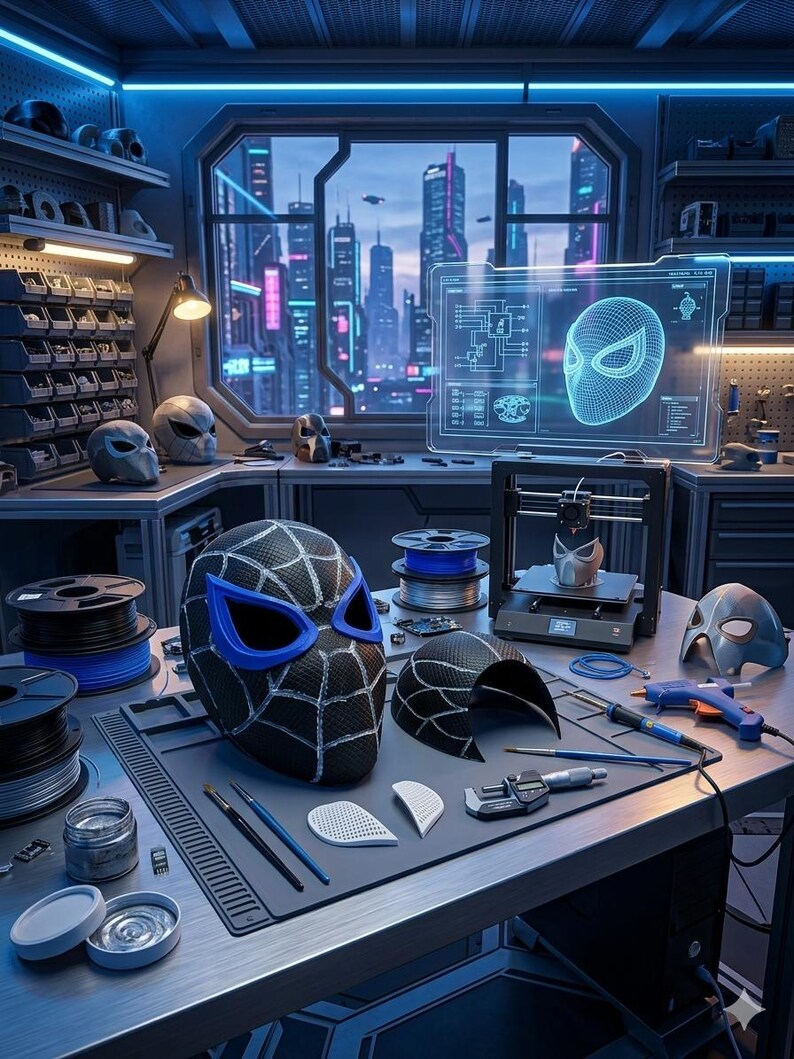 Máscara de Spider-Man impresa en 3D para cosplay - Casco facial de superhéroe con telaraña negra y azul - Máscara personalizada inspirada en Miles Morales - Kit de cosplay DIY imagen 5