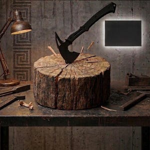 Pode incluir: Um machado preto embutido em um tronco de madeira, com lascas de madeira voando. O machado está em uma mesa de metal escuro, com uma lâmpada e ferramentas no fundo. A parede tem um padrão geométrico.