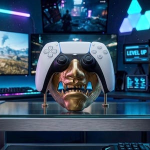 May include: A white and black game controller resting on a gold-colored mask with a fierce expression. The mask features prominent teeth and detailed facial contours, serving as a stand for the controller, positioned on a glass-topped metal table.