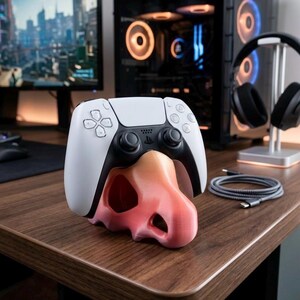 May include: A white and black PlayStation 5 controller on a 3D-printed nose-shaped stand, with a gradient of pink and orange. A computer monitor, PC tower, and headphones are in the background.