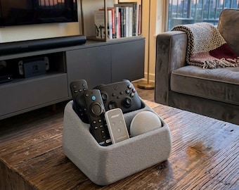 Soporte moderno para mando a distancia / Organizador para mando a distancia de TV impreso en 3D / Organizador minimalista para salón / Base para dispositivos electrónicos con efecto piedra / Decoración para mesa de centro