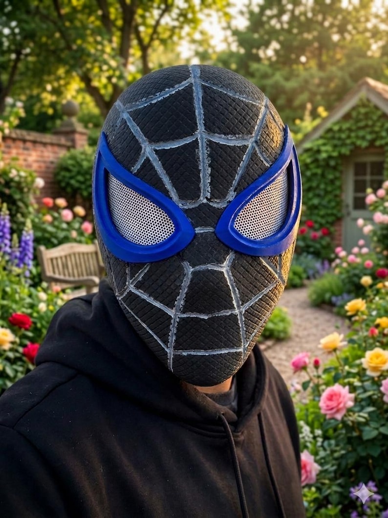 Puede incluir: Una m&aacute;scara negra de Spider-Man con un dise&ntilde;o de telara&ntilde;a y contornos de ojos azules. La m&aacute;scara tiene una superficie texturizada y la lleva una persona con una sudadera con capucha negra. El fondo muestra un jard&iacute;n con flores y un peque&ntilde;o edificio.
