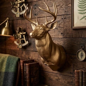May include: A gold-coloured deer head wall mount with detailed antlers. The deer head is mounted on a rustic wooden wall, complemented by nautical decor, books, and a framed fern print. The overall theme is rustic and vintage.