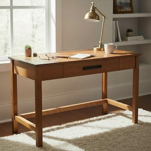 May include: A light brown wooden desk with two drawers, a brass desk lamp, and a white mug. The desk is positioned in front of a window. A small succulent plant and a pair of glasses are on the desk.