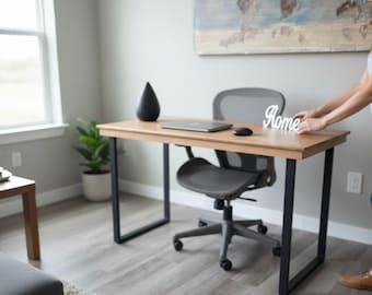Solid Maple Wood Desk, Industrial Metal Legs, Minimalist Computer Table, Rustic Entryway Furniture.
