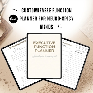 Pode incluir: Um planejador de funções personalizável para mentes neuro-picantes. A imagem mostra três tablets digitais com layouts de planejador. O tablet central exibe "Executive Function Planner". Os outros tablets mostram horários diários e horários.