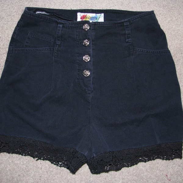 vintage navy blue high waisted shorts with lace trim and rose bud buttons