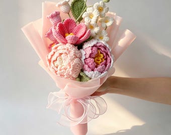 Crochet peony/Tulips flowers bouquet for Birthday gift to Mom,Anniversary gift for wife,birthday gift for her
