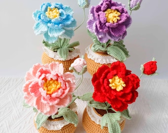 Crochet peony flower pot, crochet flower bouquet, crochet peony pot, gift for mom, gift for her, Crochet Flower in Pot Thank you Gift