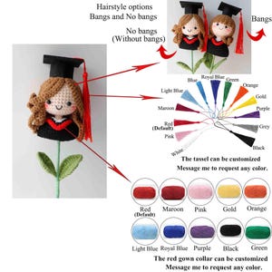 May include: Crocheted graduation doll with options for bangs and no bangs. The doll wears a black graduation cap and gown with a red collar. Tassels are available in various colors, and the red collar can be customized. The text says, "Message me to request any color."
