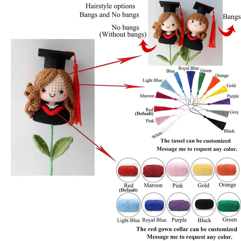 May include: Crocheted graduation doll with options for bangs and no bangs. The doll wears a black graduation cap and gown with a red collar. Tassels are available in various colors, and the red collar can be customized. The text says, "Message me to request any color."