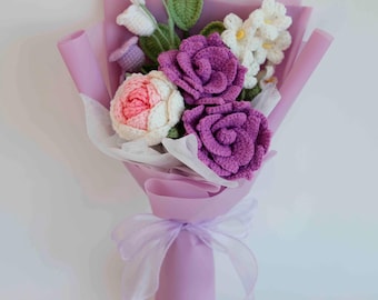 Crochet Purple roses Flowers Bouquet for Mom,Knit roes Bouquet,Meaningful Birthday Gift for Grandma/Mama,Mother's day gifts
