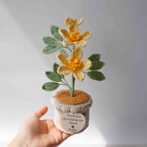 May include: Crocheted yellow flower with green leaves in a cream-colored pot. The pot has a brown top and a decorative cream-colored trim. A small wooden heart-shaped tag reads "Thank you for helping me bloom" and "Amber".
