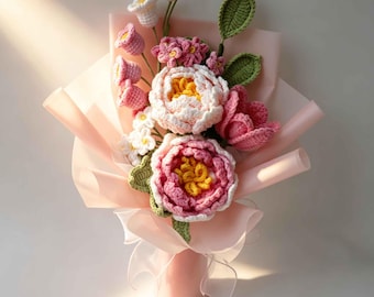 Crochet peony flowers bouquet Birthday gift for Mom,Anniversary gift for wife,birthday gift for her,New home flower bouquet