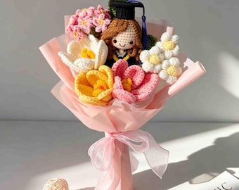 Handgemaakt gehaakt afstudeerboeket uit 2026 met pop Cadeau voor haar