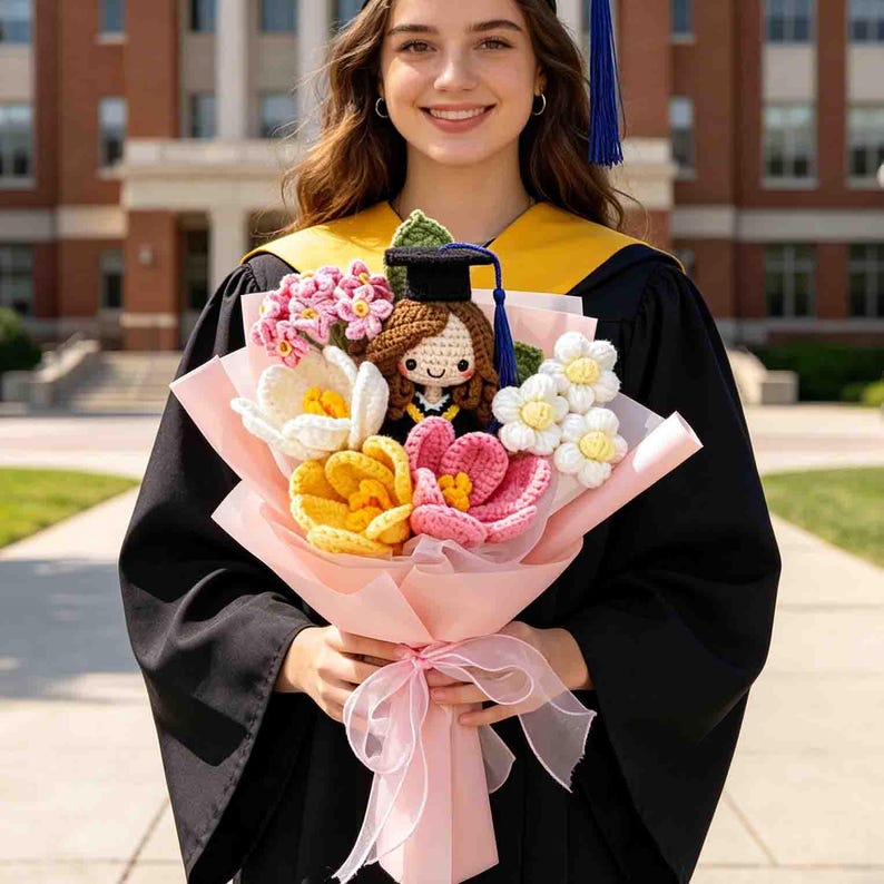 May include: A woman in a graduation gown holds a bouquet of crocheted flowers and a small doll wearing a graduation cap. The bouquet includes white, yellow, pink, and daisy-like flowers, wrapped in pink paper and tied with a pink ribbon. The background features a brick building.