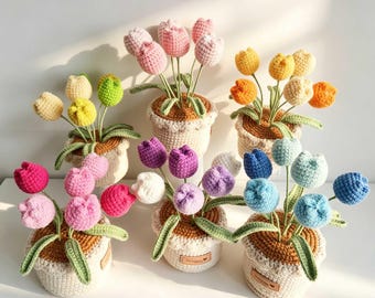 Crochet tulip flower pot, crochet flower bouquet, crochet tulip pot, gift for mom, gift for her, Crochet Flower in Pot Thank you Gift