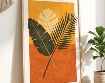 Mid Century Modern Botanical Print, Retro Tropical Leaves Poster (Digital Download)