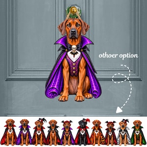 May include: A hanging door sign featuring a brown dog dressed as a vampire in a purple and black cape with a skull brooch. Below, a row of ten additional dog illustrations shows various vampire costumes with different colored capes and accessories.