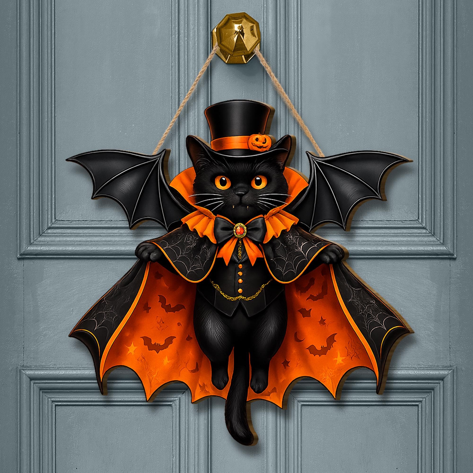 Halloween Black Cat Vampire Bat Wooden Sign, Gothic Wall Decor