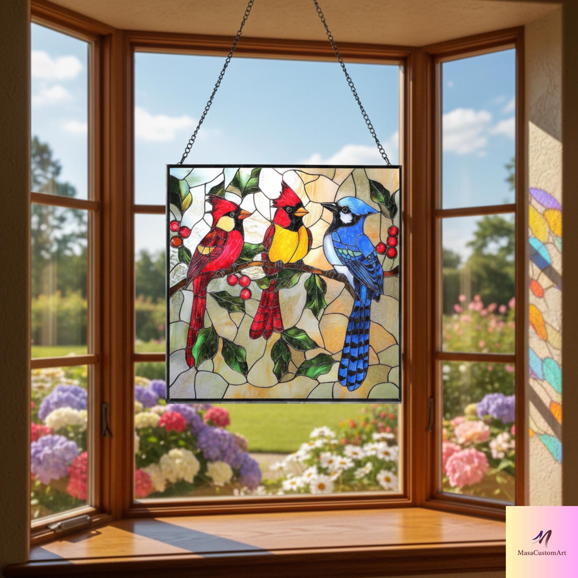 Cardinal Blue Jay Stained Glass Suncatcher – Birds on Branch Window ...