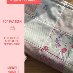 May include: A patchwork baby blanket with floral, striped, and teddy bear fabric patterns. The blanket has the text "BABY CLOTHES MEMORY BLANKET" and "PDF PATTERN". The blanket is folded on a wooden surface.