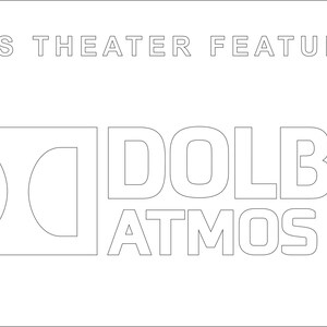 May include: A white graphic with the text "THIS THEATER FEATURES" above the Dolby Atmos logo. The Dolby logo is a stylized "D" inside a square, followed by the word "DOLBY" and "ATMOS".