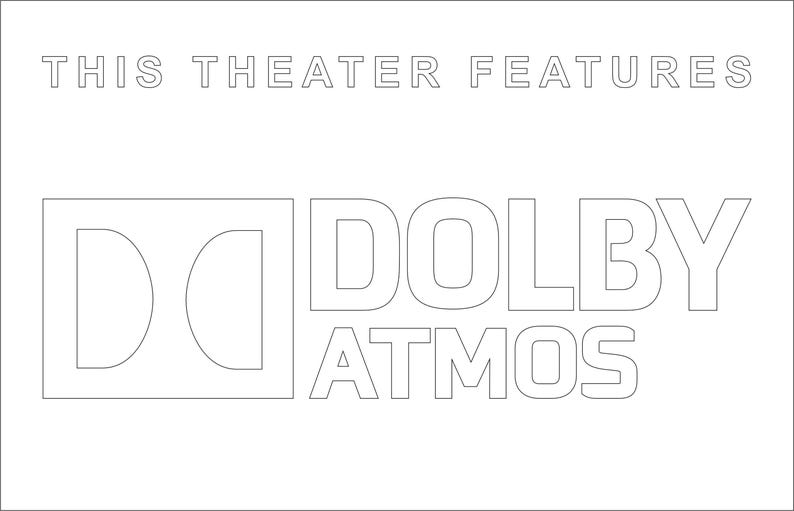 May include: A white graphic with the text "THIS THEATER FEATURES" above the Dolby Atmos logo. The Dolby logo is a stylized "D" inside a square, followed by the word "DOLBY" and "ATMOS".