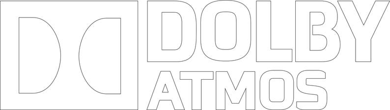 May include: The Dolby Atmos logo features the iconic double D symbol enclosed in a square outline, positioned to the left of the word DOLBY in bold capital letters, with the word ATMOS in smaller capital letters directly underneath it.