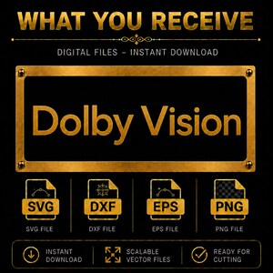 Może przedstawiać: Grafika do pobrania cyfrowego z napisem "WHAT YOU RECEIVE" w złotych literach. Obraz zawiera tekst "Dolby Vision" w kolorze złotym, a także ikony dla typ&oacute;w plik&oacute;w SVG, DXF, EPS i PNG. Dodatkowy tekst zawiera "NATYCHMIASTOWE POBIERANIE" i "SKALOWALNE PLIKI WEKTOROWE."